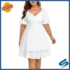 Plus Size Wrap V-Neck Ruffle Dress Formal Summer Polyester